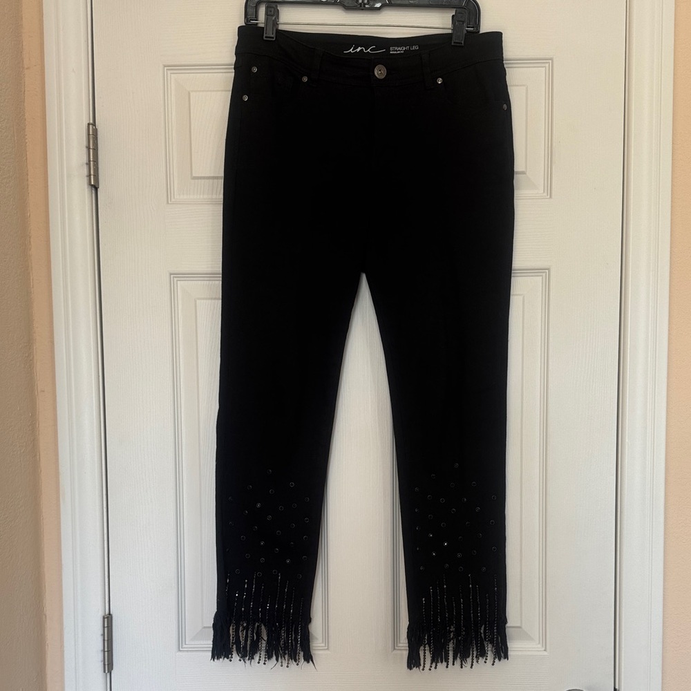 INC International Concepts Black Cropped Fringed Jeans with Black Rhinestones.